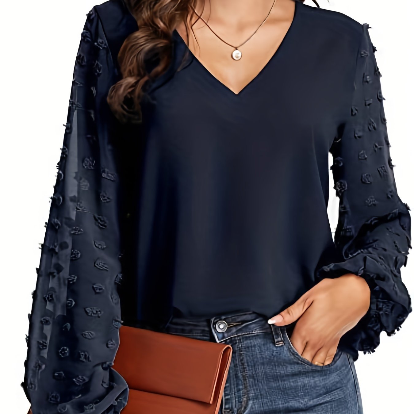 Elegant Swiss Dot Blouse for Women with V Neck Balloon Sleeve Sheer Cuff Relaxed Style