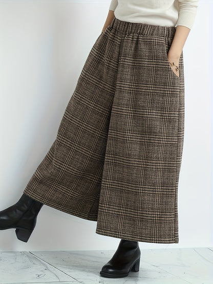 Effortless Plaid Wide Leg Pants for Women with Elastic Waist Pocket Cropped Culotte Style