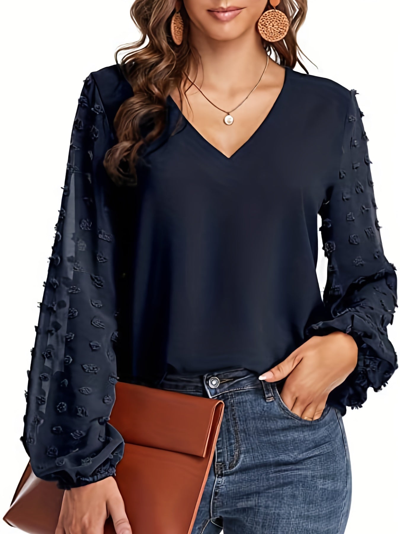 Elegant Swiss Dot Blouse for Women with V Neck Balloon Sleeve Sheer Cuff Relaxed Style