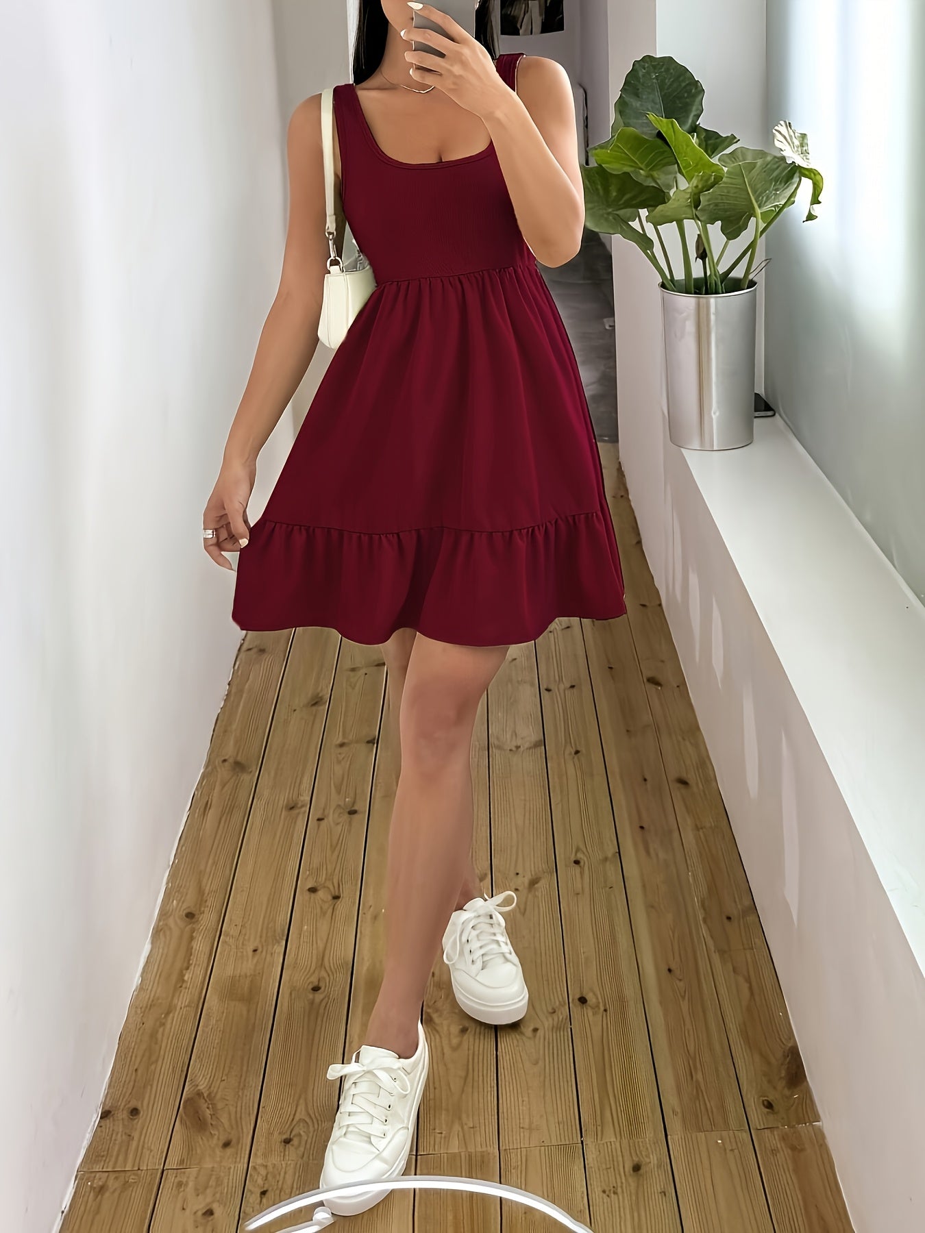 Effortless Ribbed Tiered Mini Dress for Women with Square Neck Sleeveless Smocked Waist Flowy Style