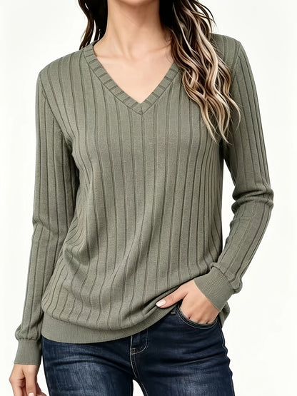 Comfortable Ribbed Knit Sweater for Women with V Neck Long Sleeve Relaxed Casual Style