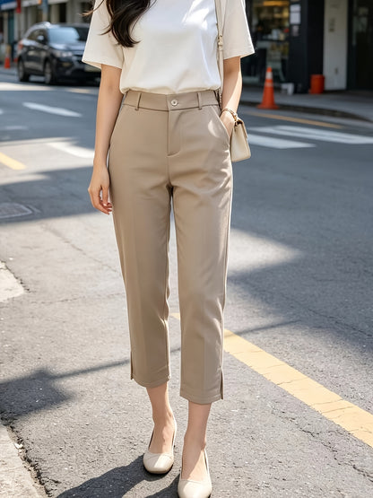Elegant Tailored Trousers for Women with High Waist Button Front Cropped Slit Hem Casual Style