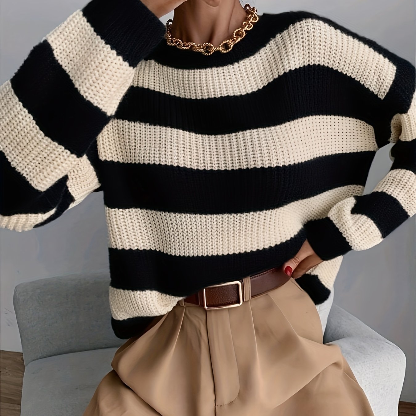 Classic Drop Shoulder Loose Striped Sweater