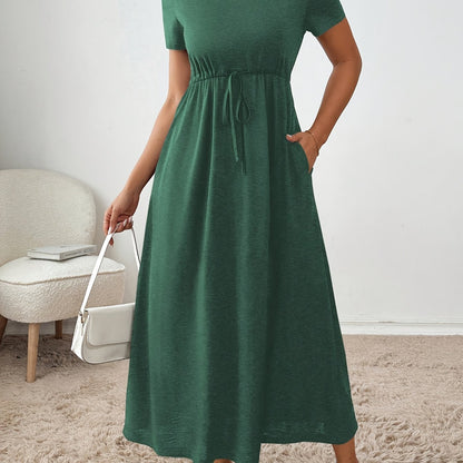 Effortless Drawstring Waist Maxi Dress for Women with Round Neck Short Sleeve Relaxed Flowing Pocket Style