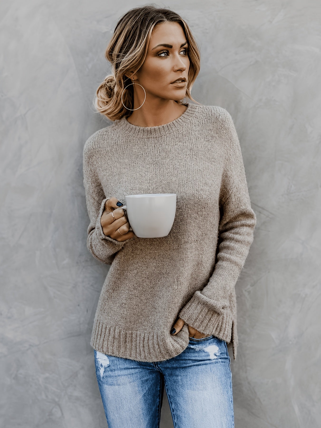 Comfortable Heathered Knit Sweater for Women with Crew Neck Bell Sleeve Side Slit Relaxed Oversized Style
