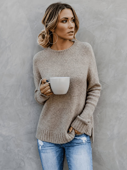 Comfortable Heathered Knit Sweater for Women with Crew Neck Bell Sleeve Side Slit Relaxed Oversized Style