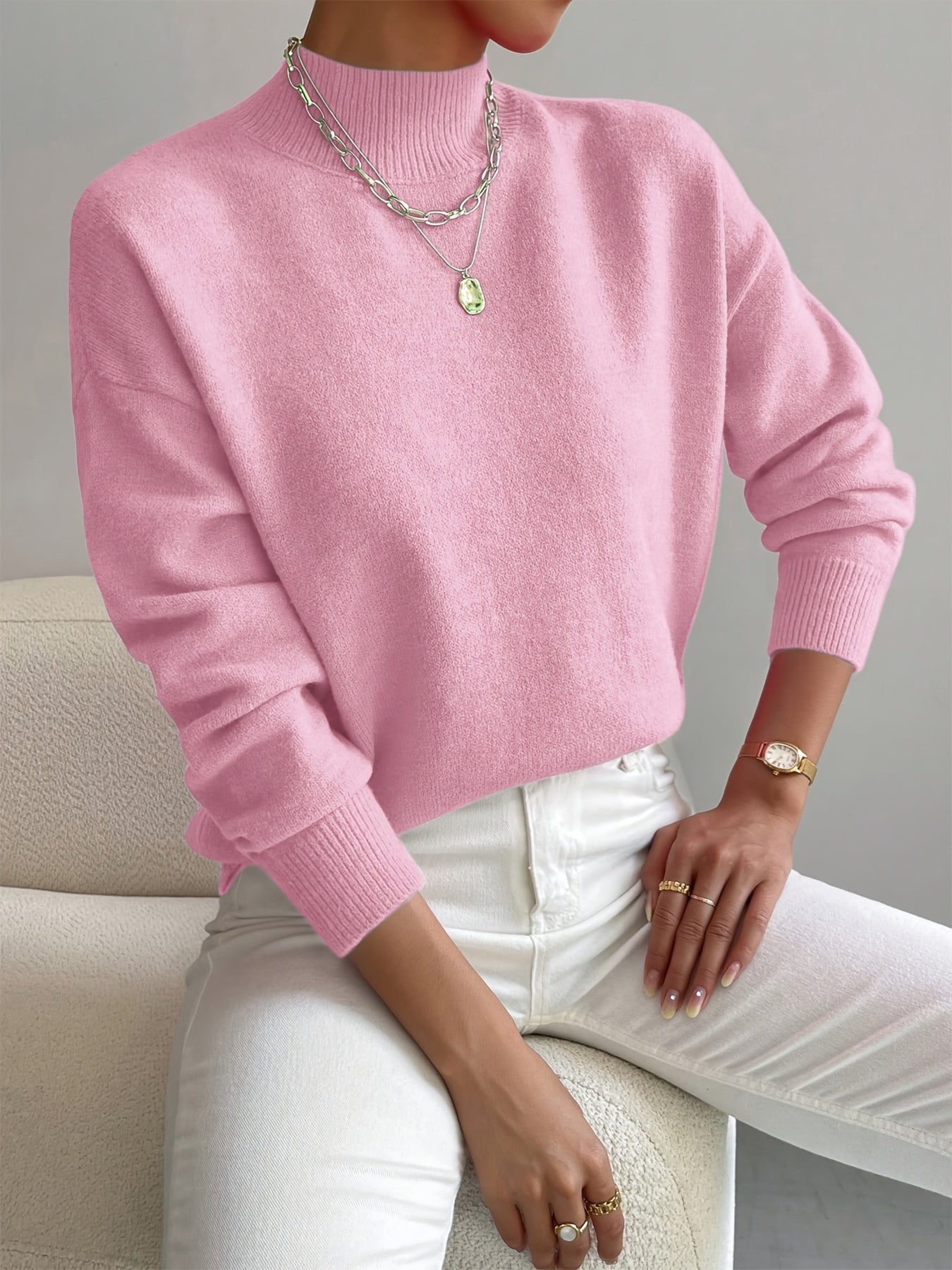 Comfortable Ribbed Sweater for Women with High Neck Long Sleeve Relaxed Oversized Knit Style