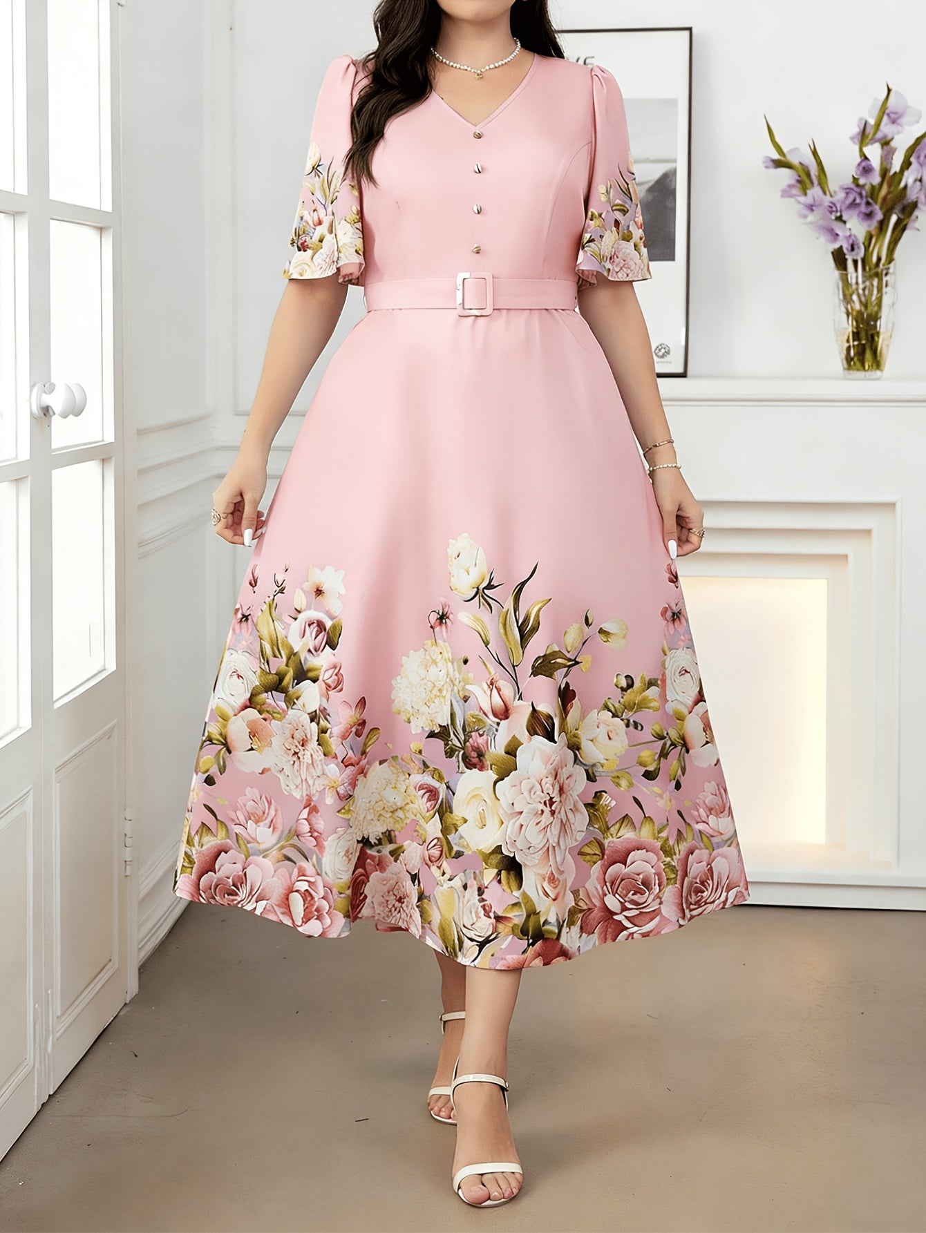 Effortless Floral Midi Dress for Women with V Neck Flutter Sleeve Belted A Line Style