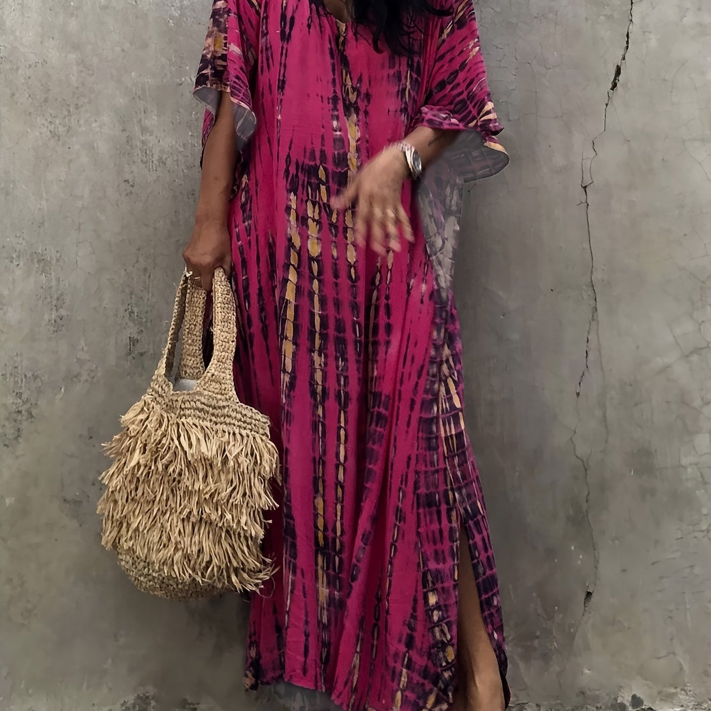 Effortless Tie Dye Maxi Dress for Women with V Neck Bell Sleeve Kaftan Flowing Bohemian Style