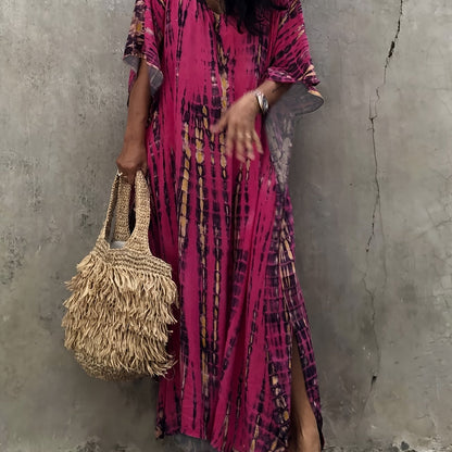 Effortless Tie Dye Maxi Dress for Women with V Neck Bell Sleeve Kaftan Flowing Bohemian Style