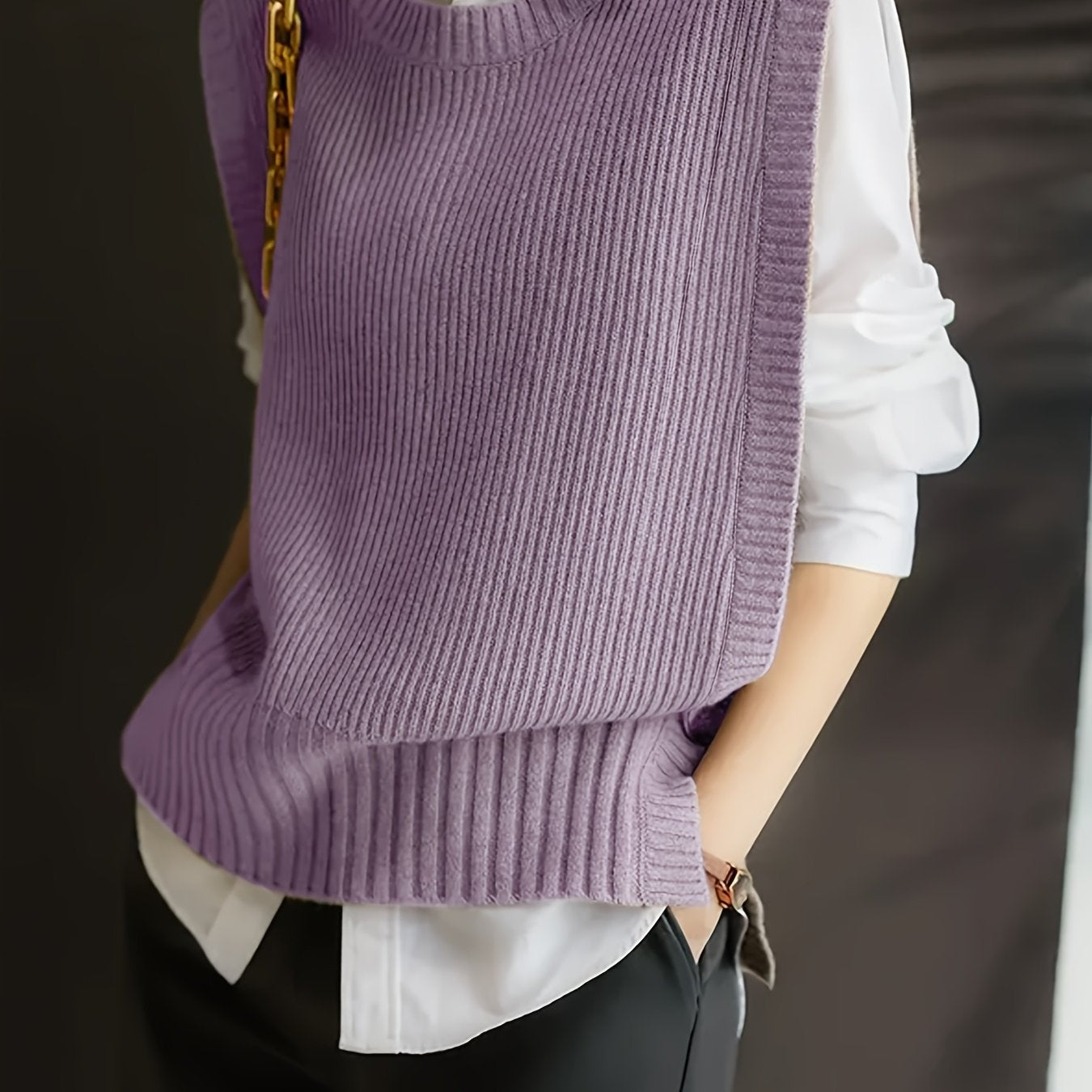 Comfortable Ribbed Knit Sweater Vest for Women with Crew Neck Sleeveless Relaxed Oversized Style