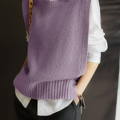 Comfortable Ribbed Knit Sweater Vest for Women with Crew Neck Sleeveless Relaxed Oversized Style