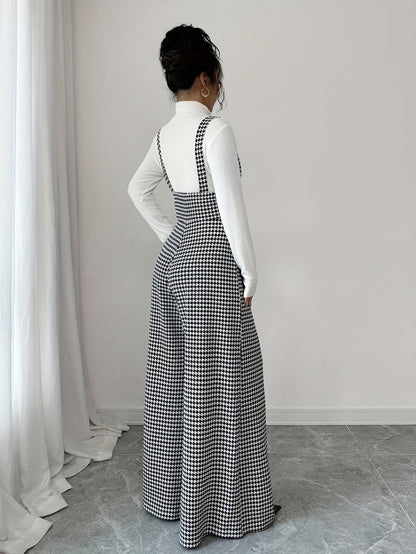 Elegant Houndstooth Wide Leg Jumpsuit for Women with Square Neck Sleeveless Suspender Button Front Relaxed Style