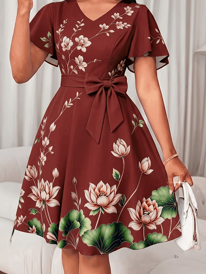 Elegant Floral Midi Dress for Women with V Neck Flutter Sleeve Bow Belt Flowing Style