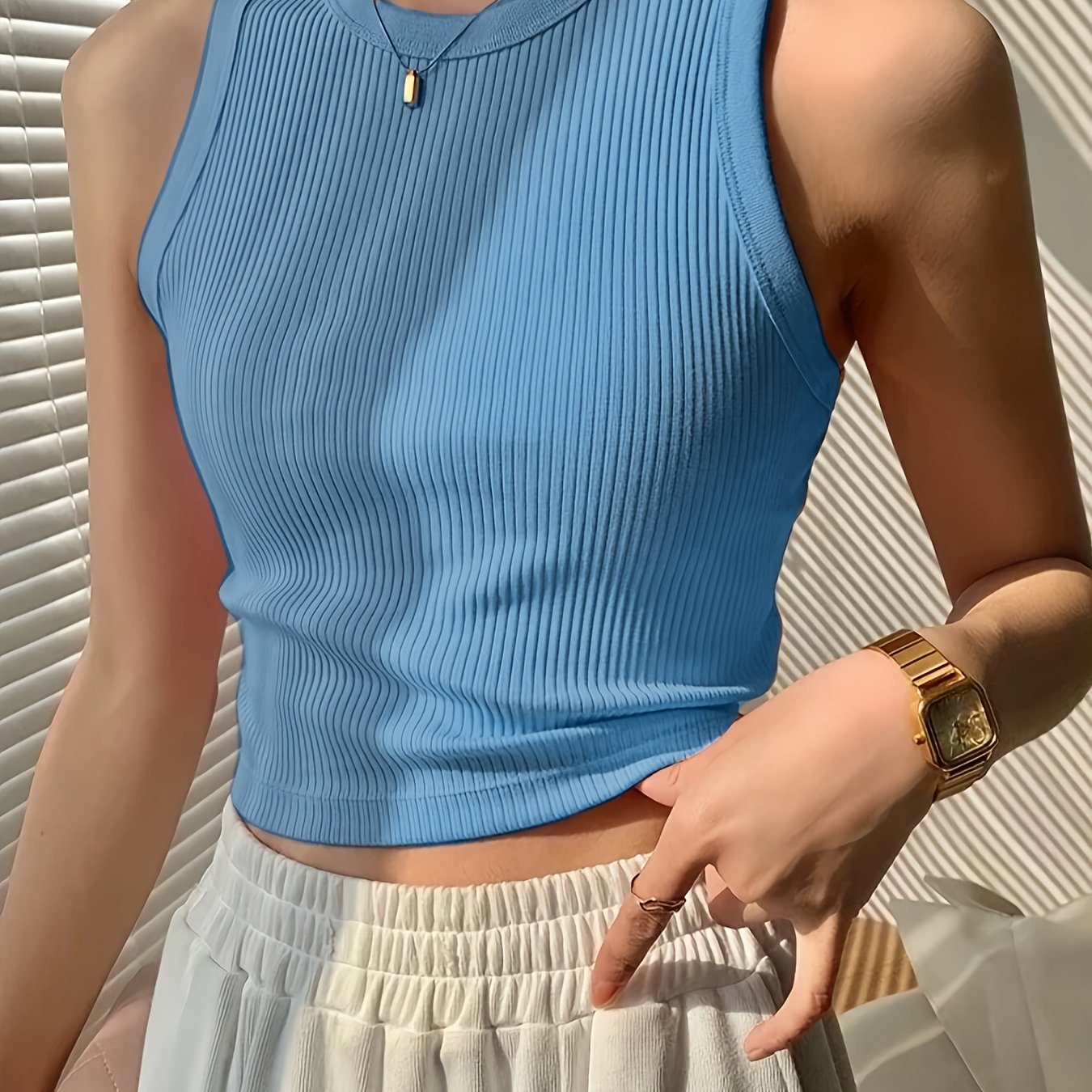 Effortless Ribbed Crop Top for Women with Crew Neck Sleeveless Racerback Fitted Tank Style
