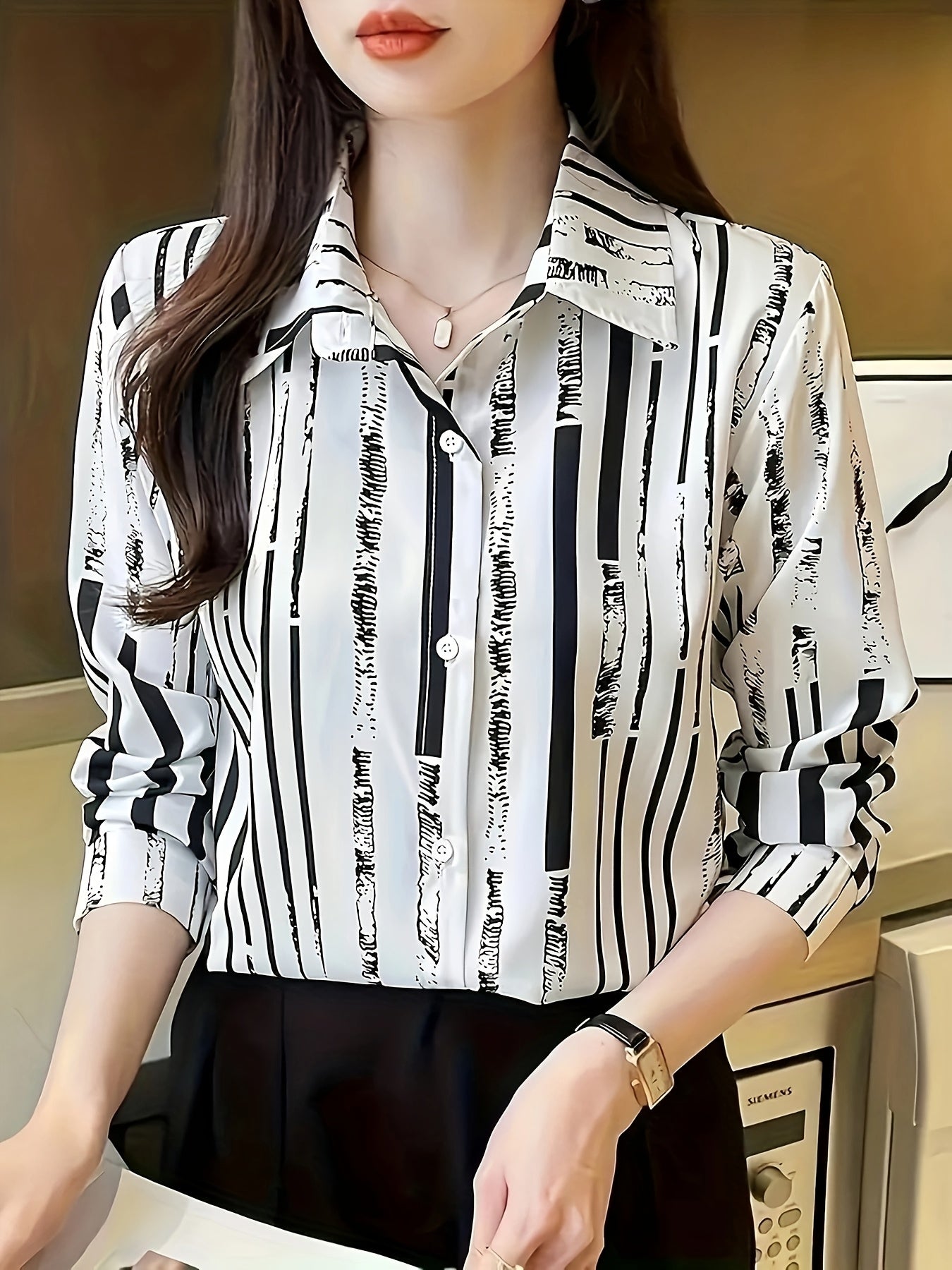Elegant Striped Chiffon Blouse for Women with Collar Long Sleeve Button Front Relaxed Flowing Style