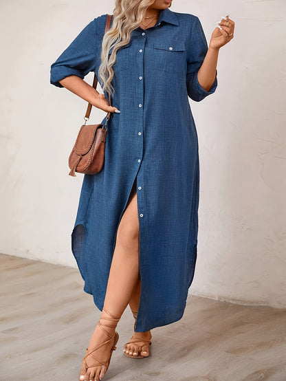 Elegant Blue Linen Shirt Dress for Women with Collar Long Sleeve Button Front Side Slit Casual Style