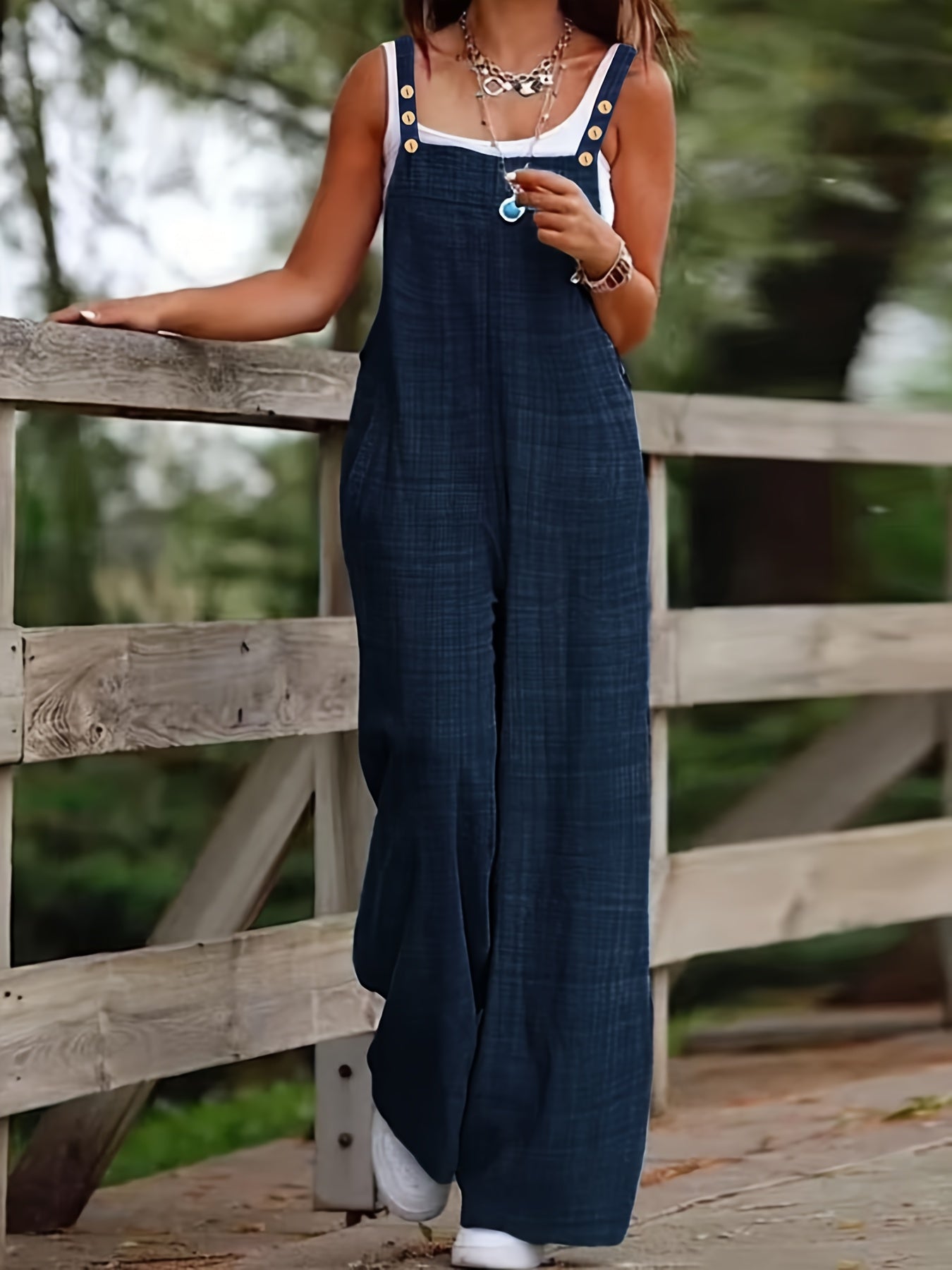 Effortless Linen Wide Leg Jumpsuit for Women with Square Neck Sleeveless Button Front Relaxed Casual Style