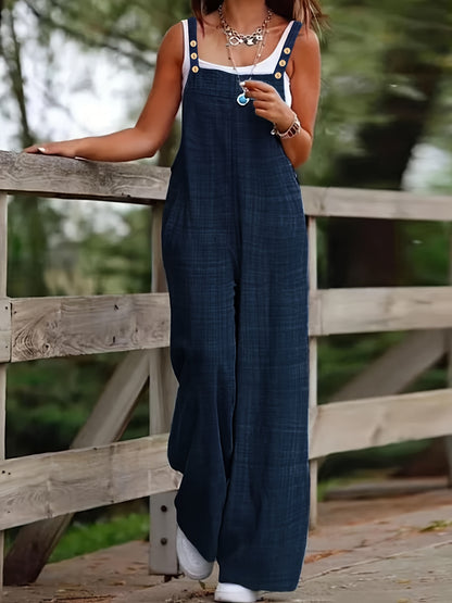 Effortless Linen Wide Leg Jumpsuit for Women with Square Neck Sleeveless Button Front Relaxed Casual Style