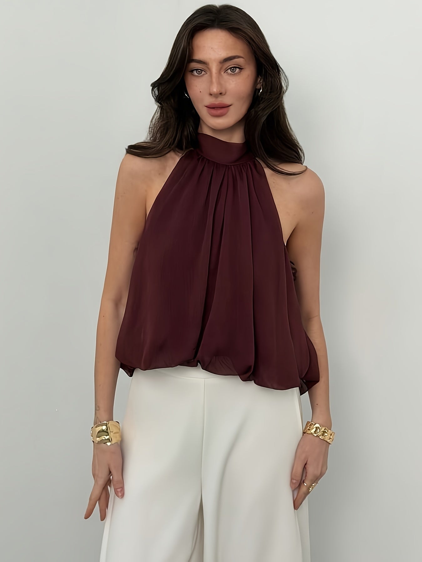 Elegant Burgundy Chiffon Halter Top for Women with Tie Neck Sleeveless Flowing Relaxed Style