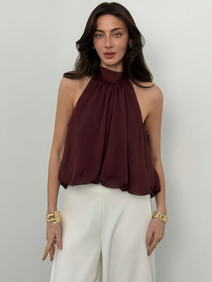 Elegant Burgundy Chiffon Halter Top for Women with Tie Neck Sleeveless Flowing Relaxed Style