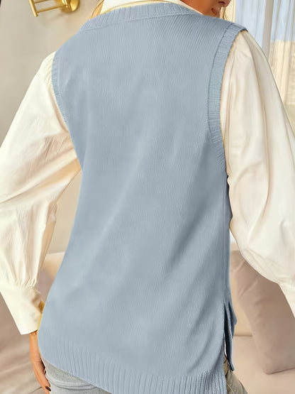 Comfortable Sweater Vest for Women with V Neck Sleeveless Ribbed Trim Oversized Knit Style