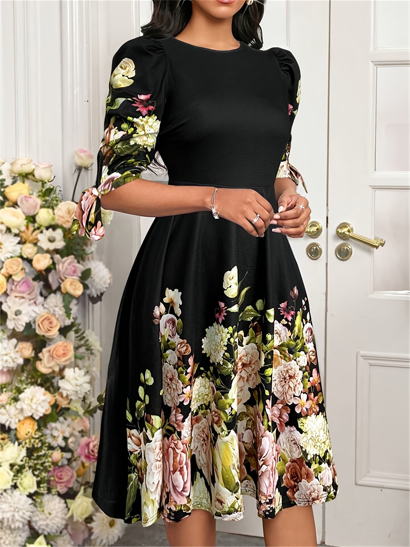 Elegant Border Print Midi Dress for Women with Round Neck Bubble Sleeve Bow Tie Flowing Style