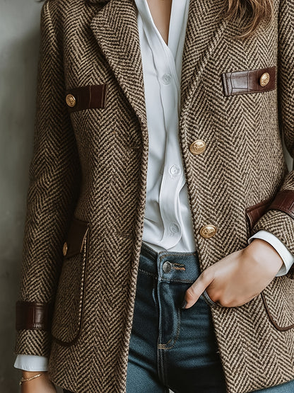 Elegant Khaki Herringbone Tweed Blazer for Women with Notch Lapel Long Sleeve Leather Trim Tailored Style
