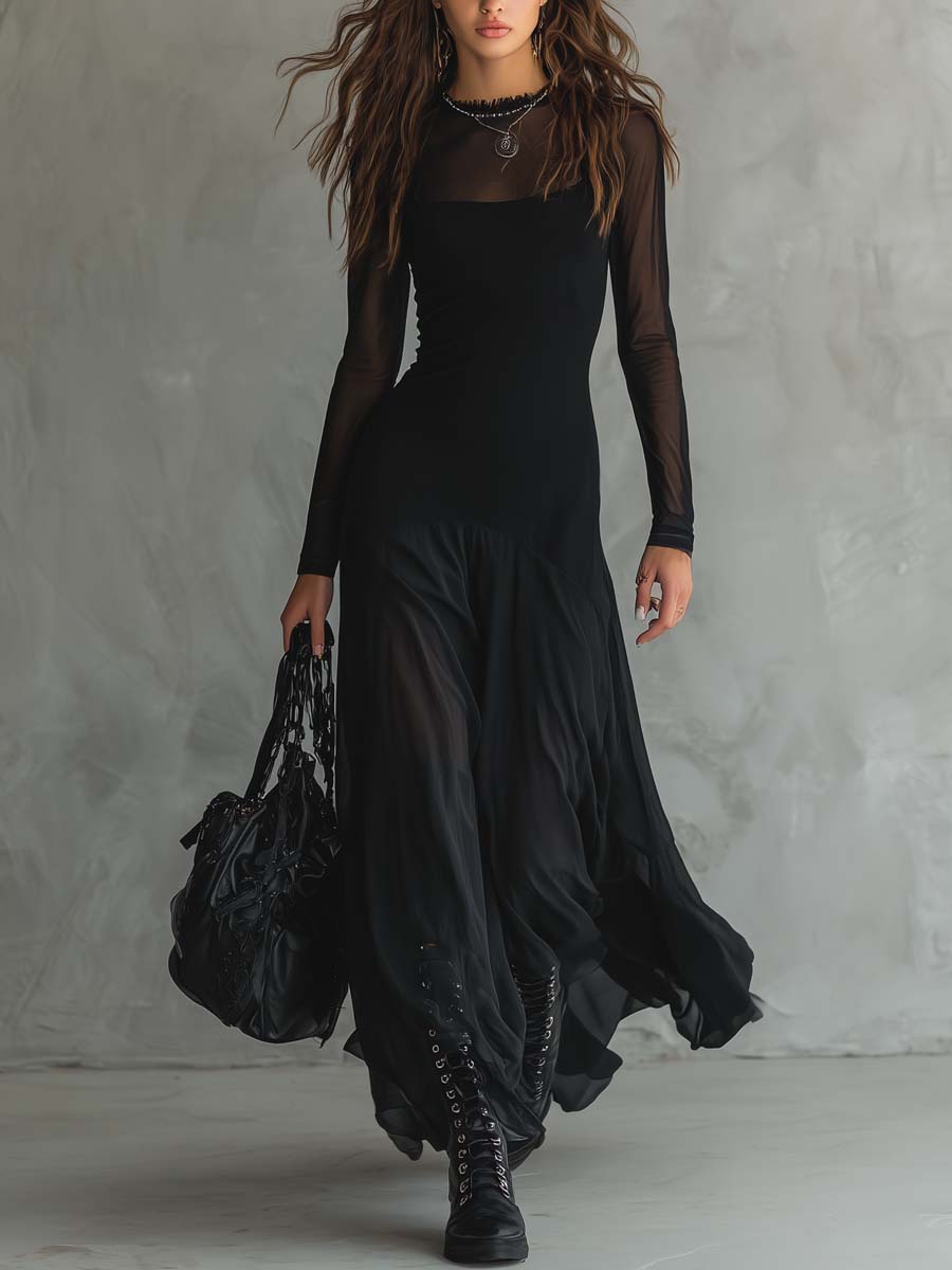 Elegant Black Mesh Maxi Dress for Women with High Neck Long Sleeve Sheer Flowing Style
