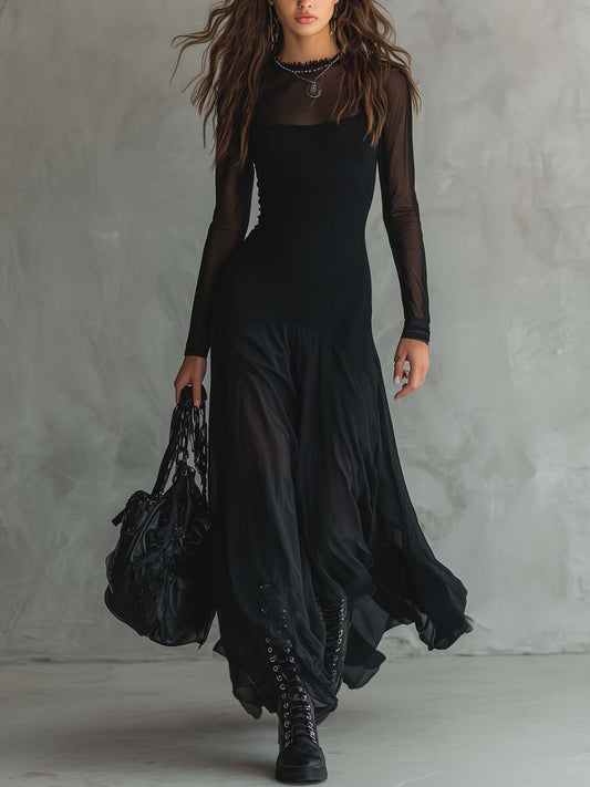 Elegant Black Mesh Maxi Dress for Women with High Neck Long Sleeve Sheer Flowing Style