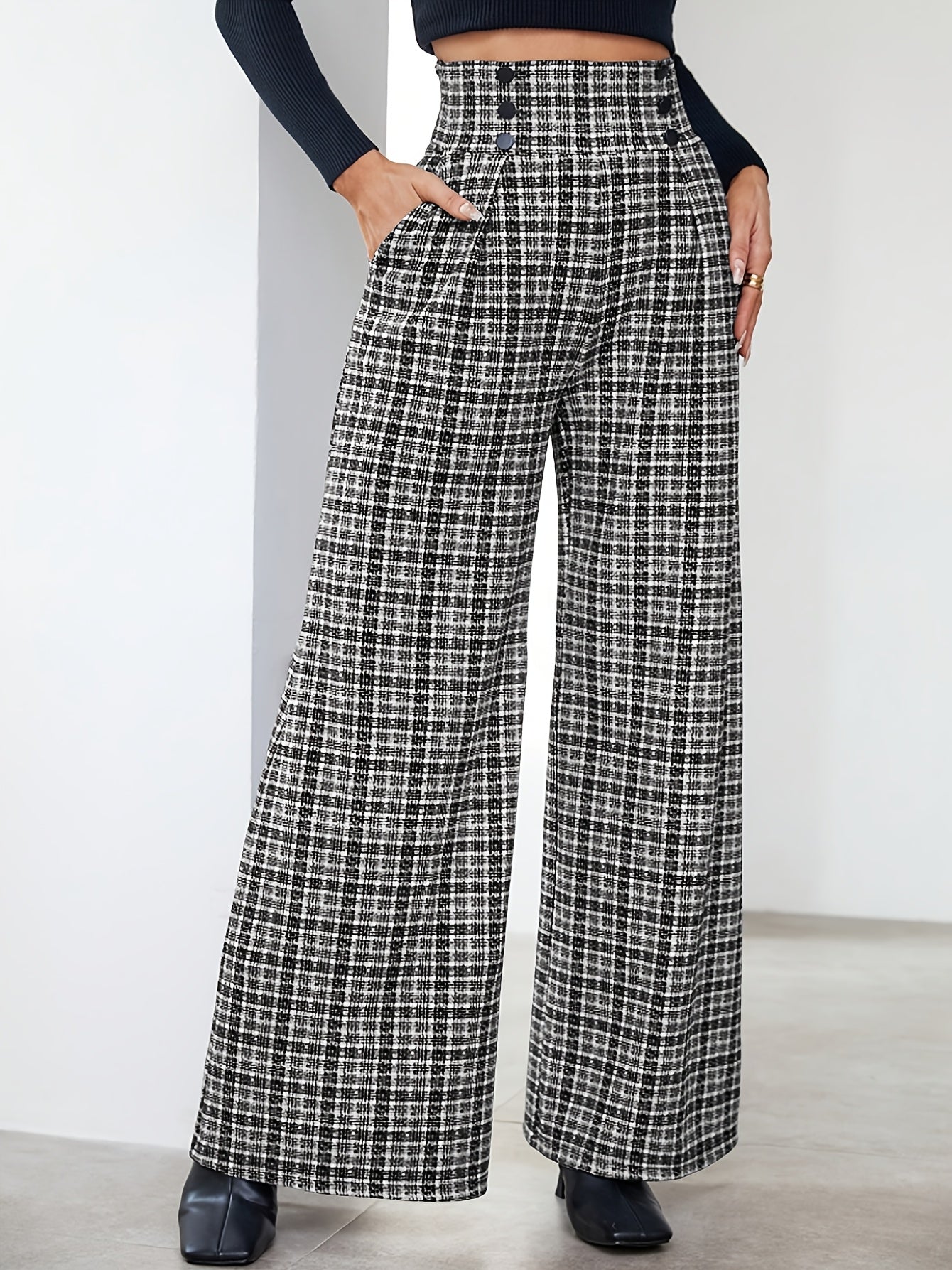 Elegant Black and White Plaid Wide Leg Pants for Women with High Waist Button Front Pleated Tailored Style