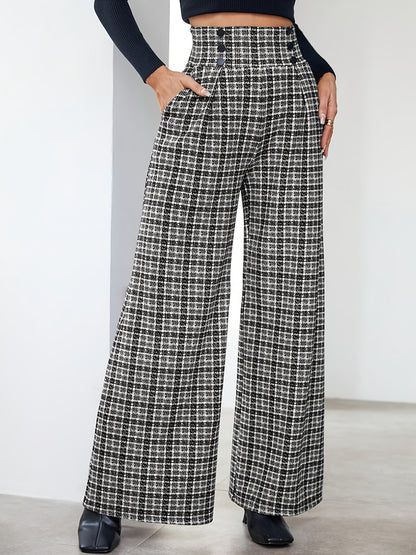 Elegant Black and White Plaid Wide Leg Pants for Women with High Waist Button Front Pleated Tailored Style
