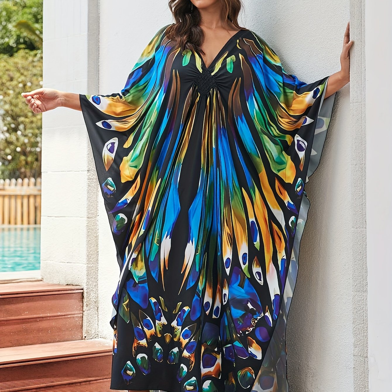 Elegant Multicolor Peacock Print Kaftan Maxi Dress for Women with V Neck Batwing Sleeve Flowing Bohemian Style