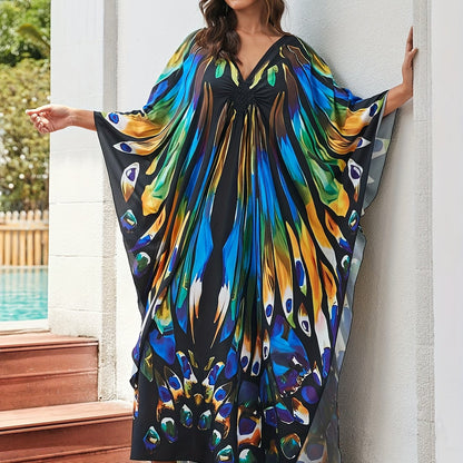 Elegant Multicolor Peacock Print Kaftan Maxi Dress for Women with V Neck Batwing Sleeve Flowing Bohemian Style