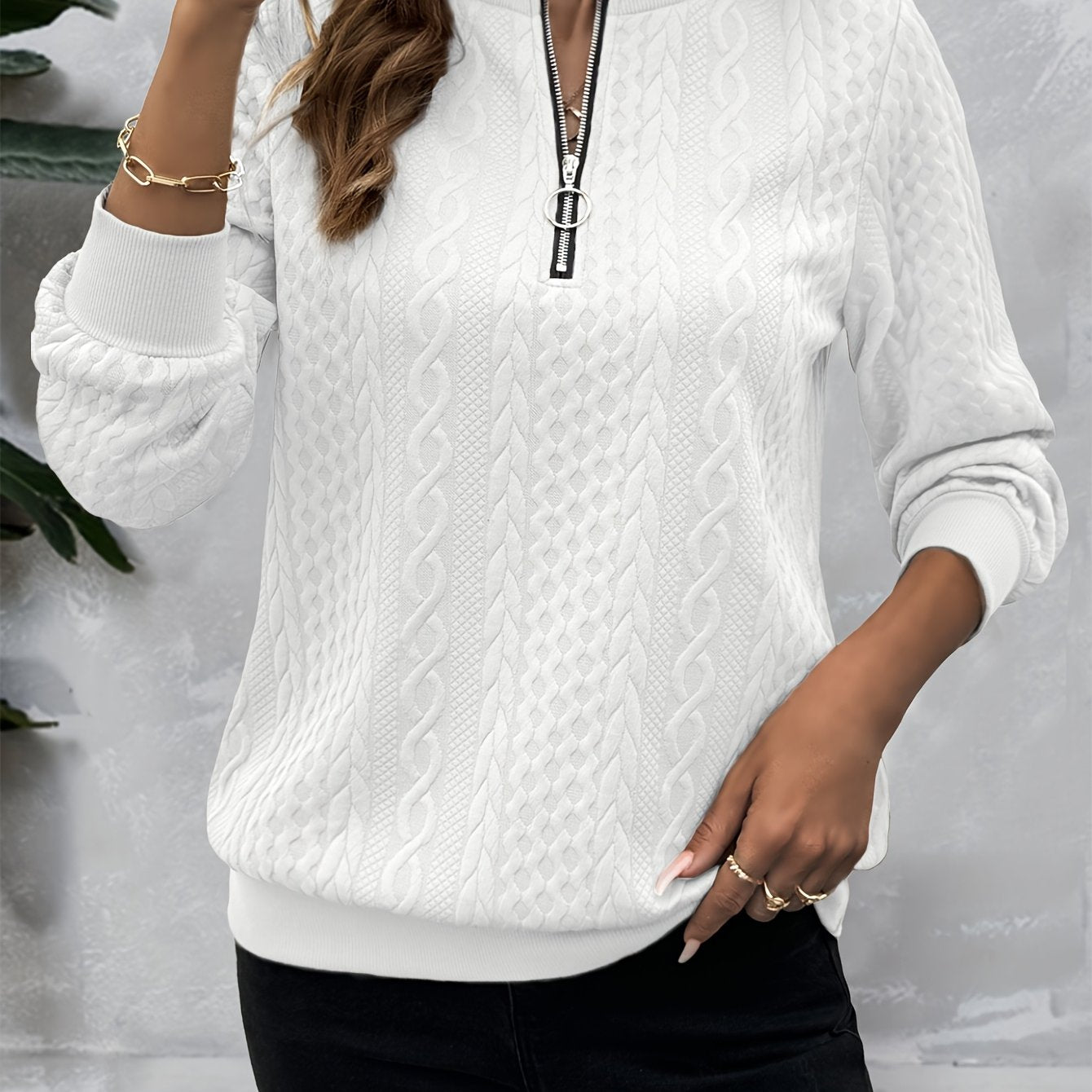 Comfortable Cable Knit Sweater for Women with Zip Crew Neck Long Sleeve Textured Relaxed Style