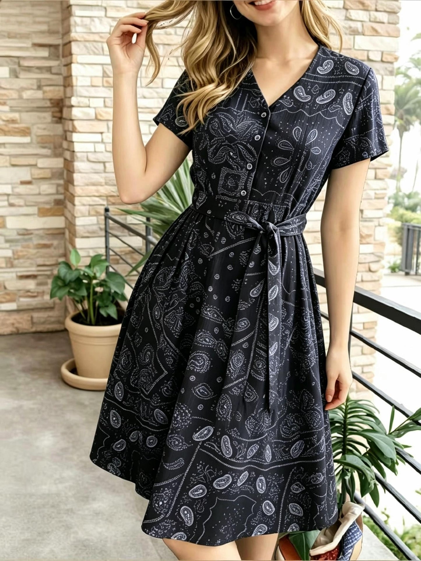 Elegant Paisley Print Shirt Dress for Women with V Neck Short Sleeve Belted Fit and Flare Style