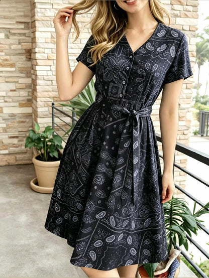 Elegant Paisley Print Shirt Dress for Women with V Neck Short Sleeve Belted Fit and Flare Style
