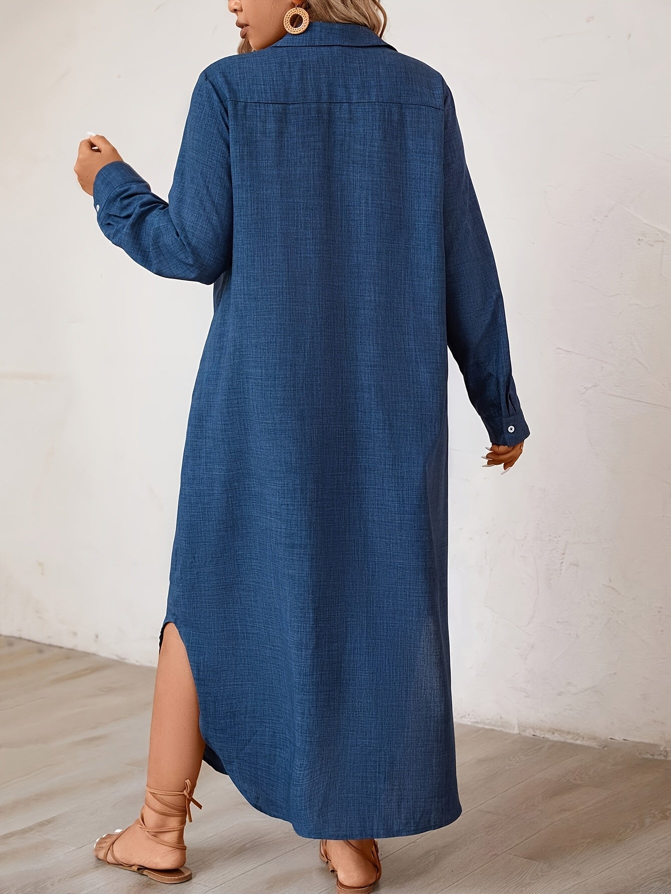 Elegant Blue Linen Shirt Dress for Women with Collar Long Sleeve Button Front Side Slit Casual Style
