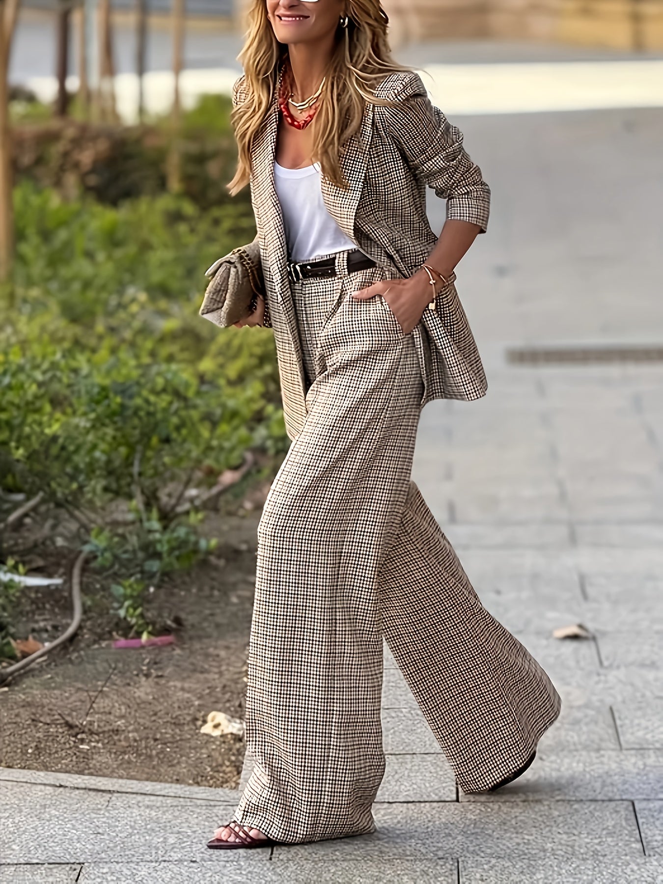 Elegant Plaid Two Piece Set for Women with Notched Lapel Blazer Wide Leg Pant Casual Style