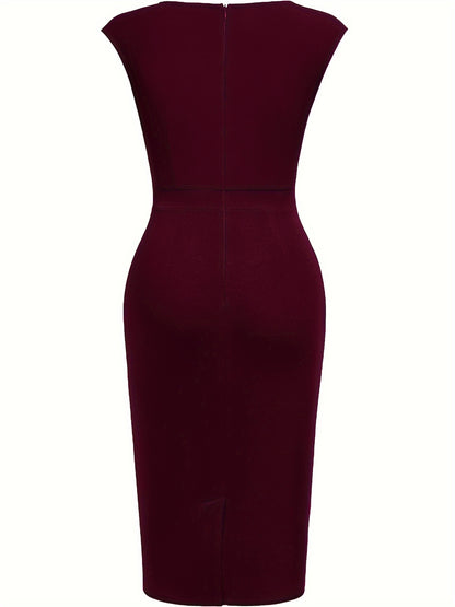 Elegant Ruched Midi Dress for Women with Sweetheart Neckline Cap Sleeve Bodycon Formal Style