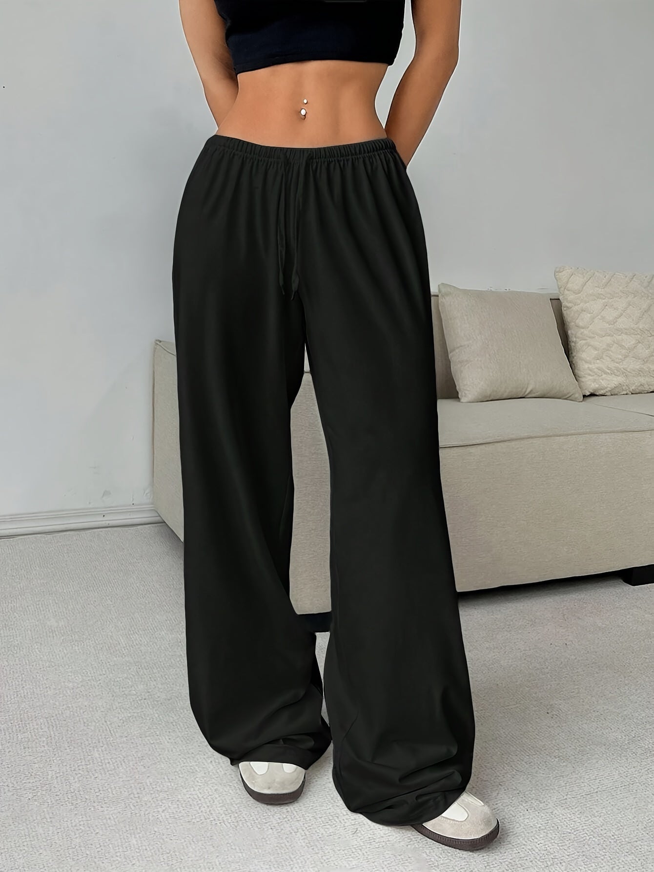 Effortless Waffle Knit Wide Leg Pants for Women with High Waist Drawstring Relaxed Flowing Casual Style