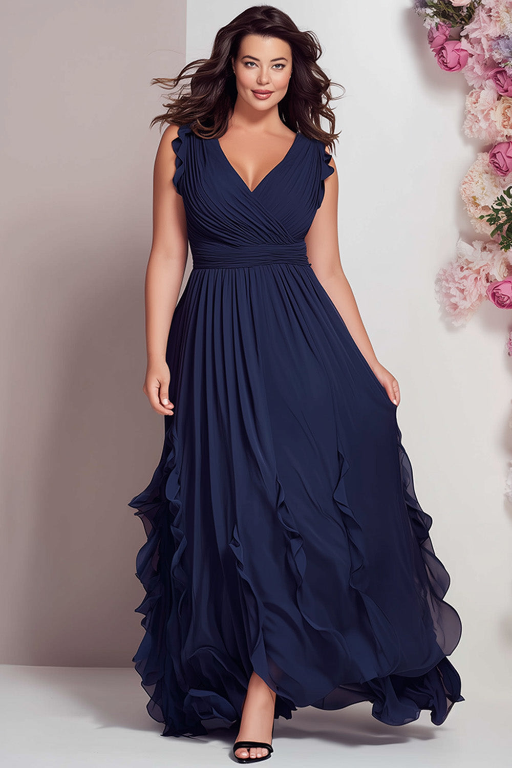Elegant Navy Blue Chiffon Maxi Dress for Women with V Neck Ruffle Sleeve Ruched Waist Flowing Wedding Guest Style