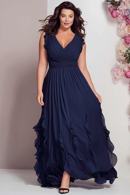 Elegant Navy Blue Chiffon Maxi Dress for Women with V Neck Ruffle Sleeve Ruched Waist Flowing Wedding Guest Style