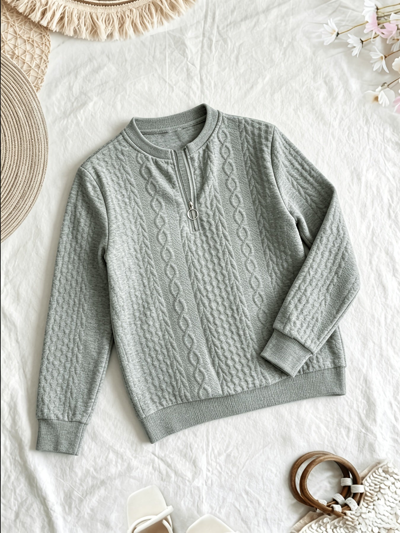 Casual Pullover Half-zip Long-sleeved Solid-color Fashionable Hoodie with Texture Upper Garment