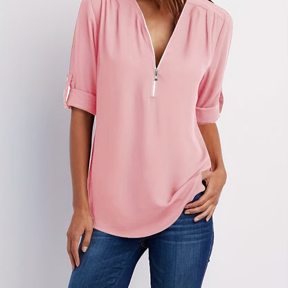 Effortless Chiffon Blouse for Women with Zip V Neck Roll Tab Sleeve Relaxed Casual Style