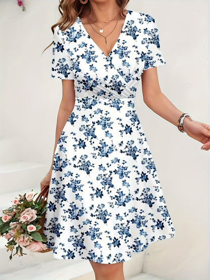 Effortless Blue Floral Midi Dress for Women with V Neck Short Sleeve Wrap Fit and Flare Style