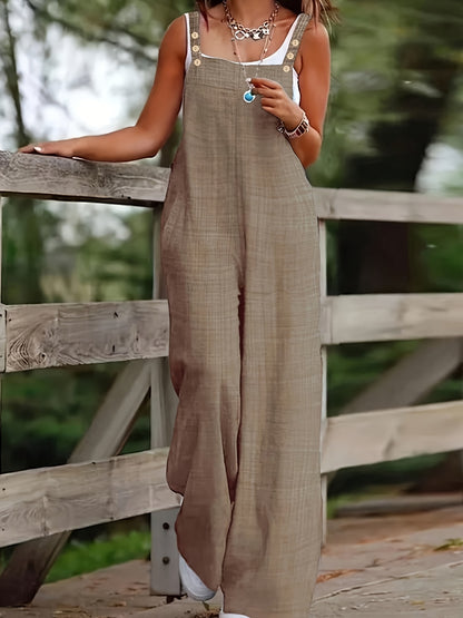 Effortless Linen Wide Leg Jumpsuit for Women with Square Neck Sleeveless Button Front Relaxed Casual Style