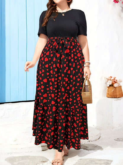 Elegant Black Heart Print Maxi Dress for Women with Round Neck Short Sleeve Tiered Ruffle Belted Style