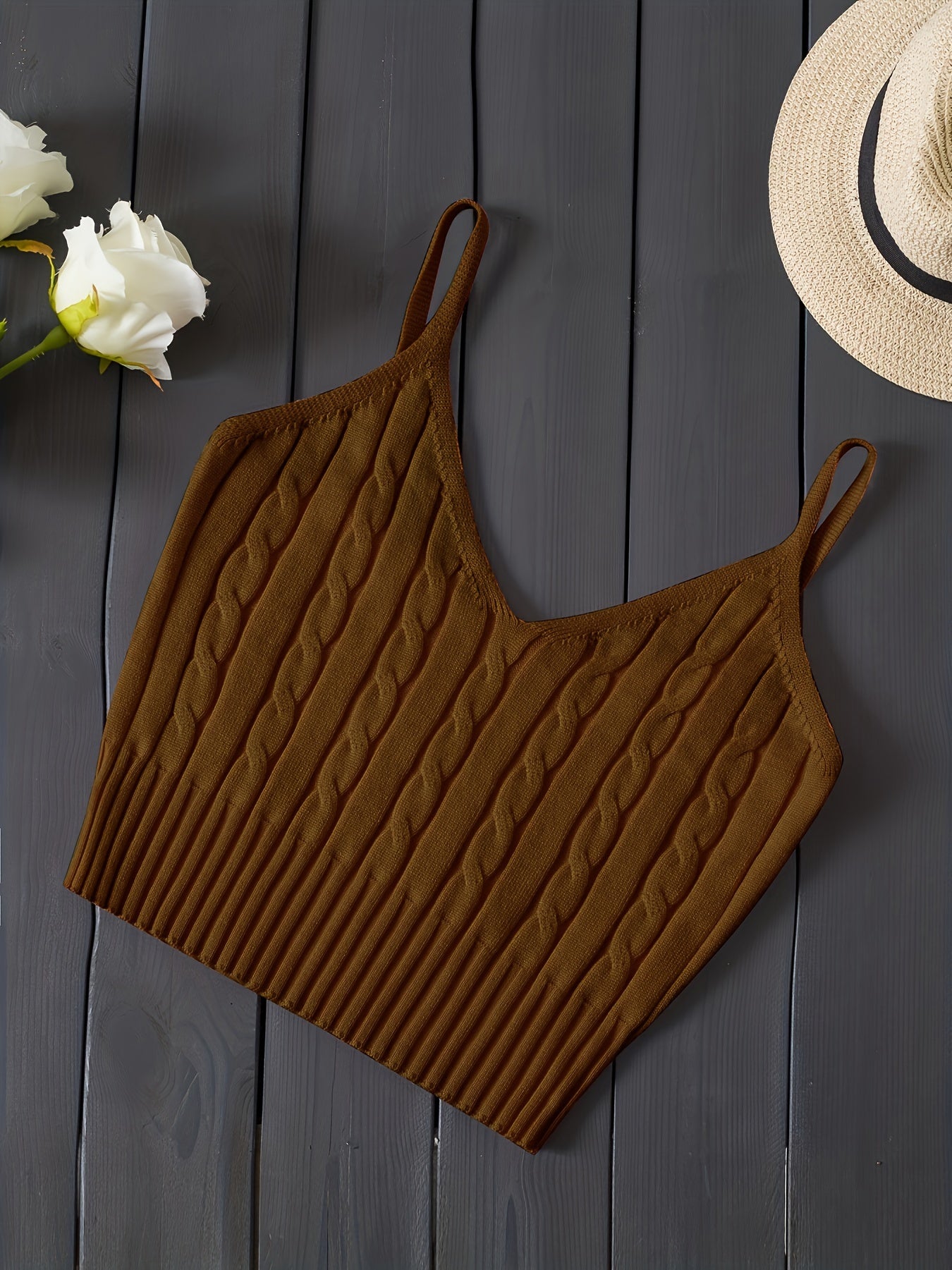 Effortless Cable Knit Crop Top for Women with V Neck Sleeveless Ribbed Fitted Tank Style