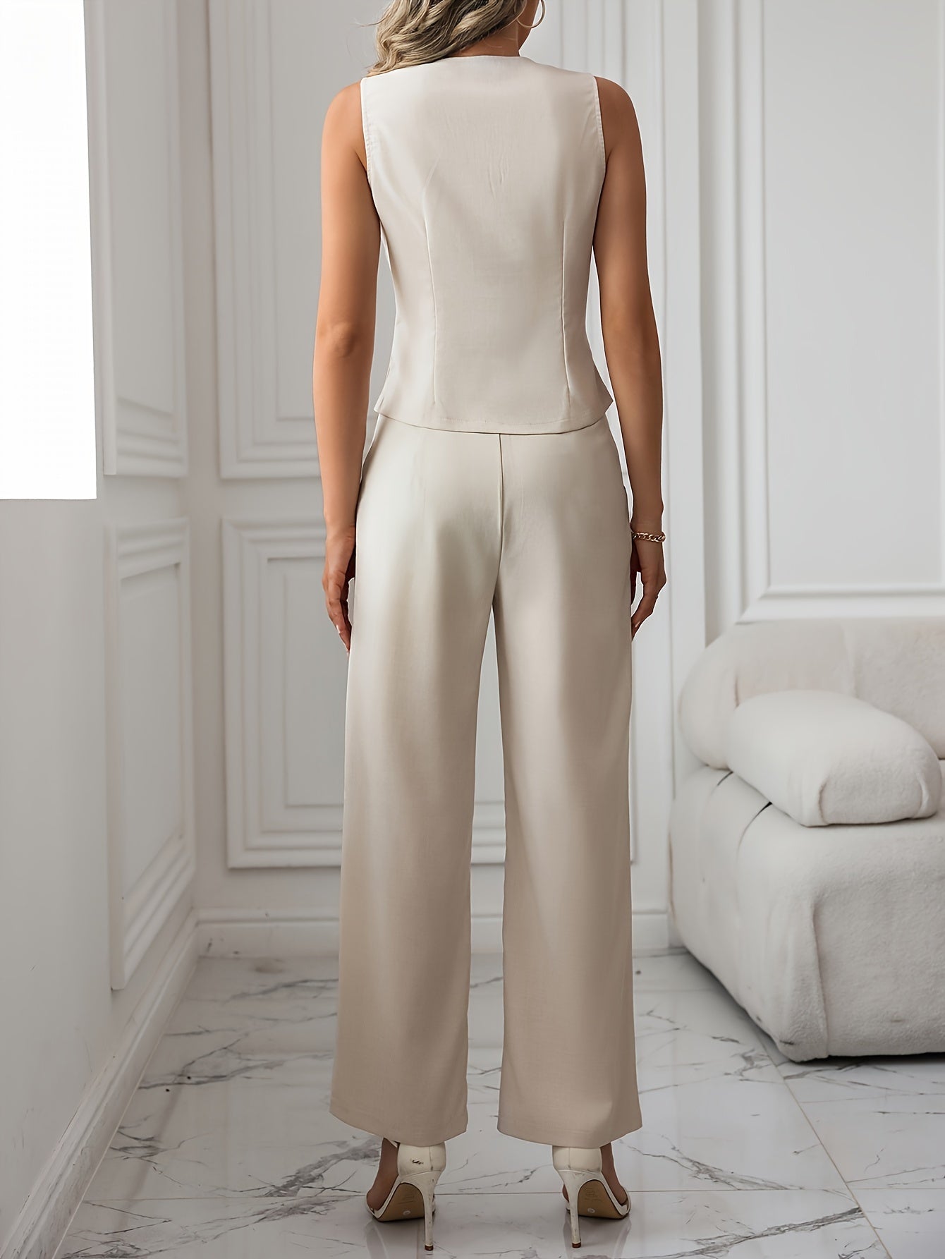 Elegant Apricot Wide Leg Set for Women with V Neck Sleeveless Button Front Two Piece Style